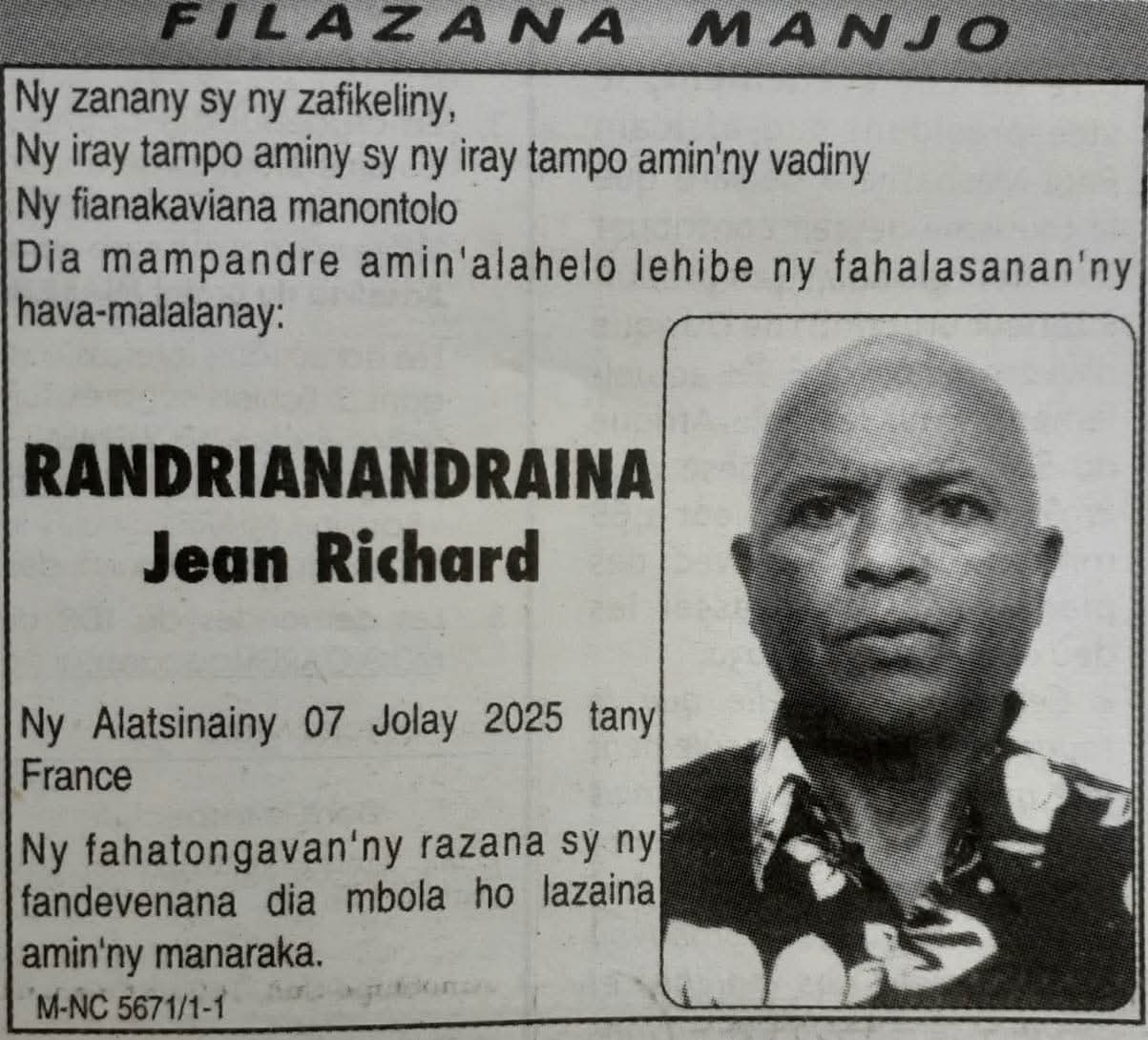 Disparition de Randrianandraina Jean Richard